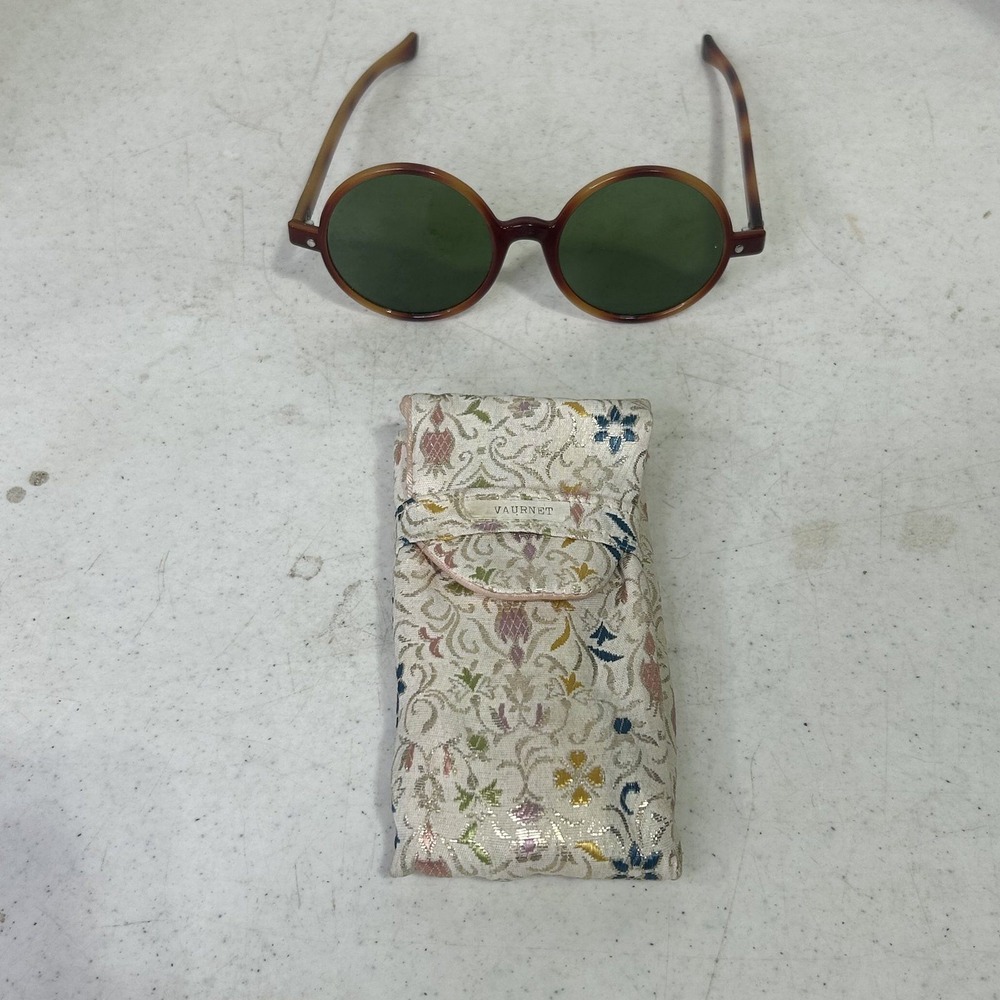 Vintage Vaurnet Round Tortoiseshell Sunglasses with Ornate Brocade Case